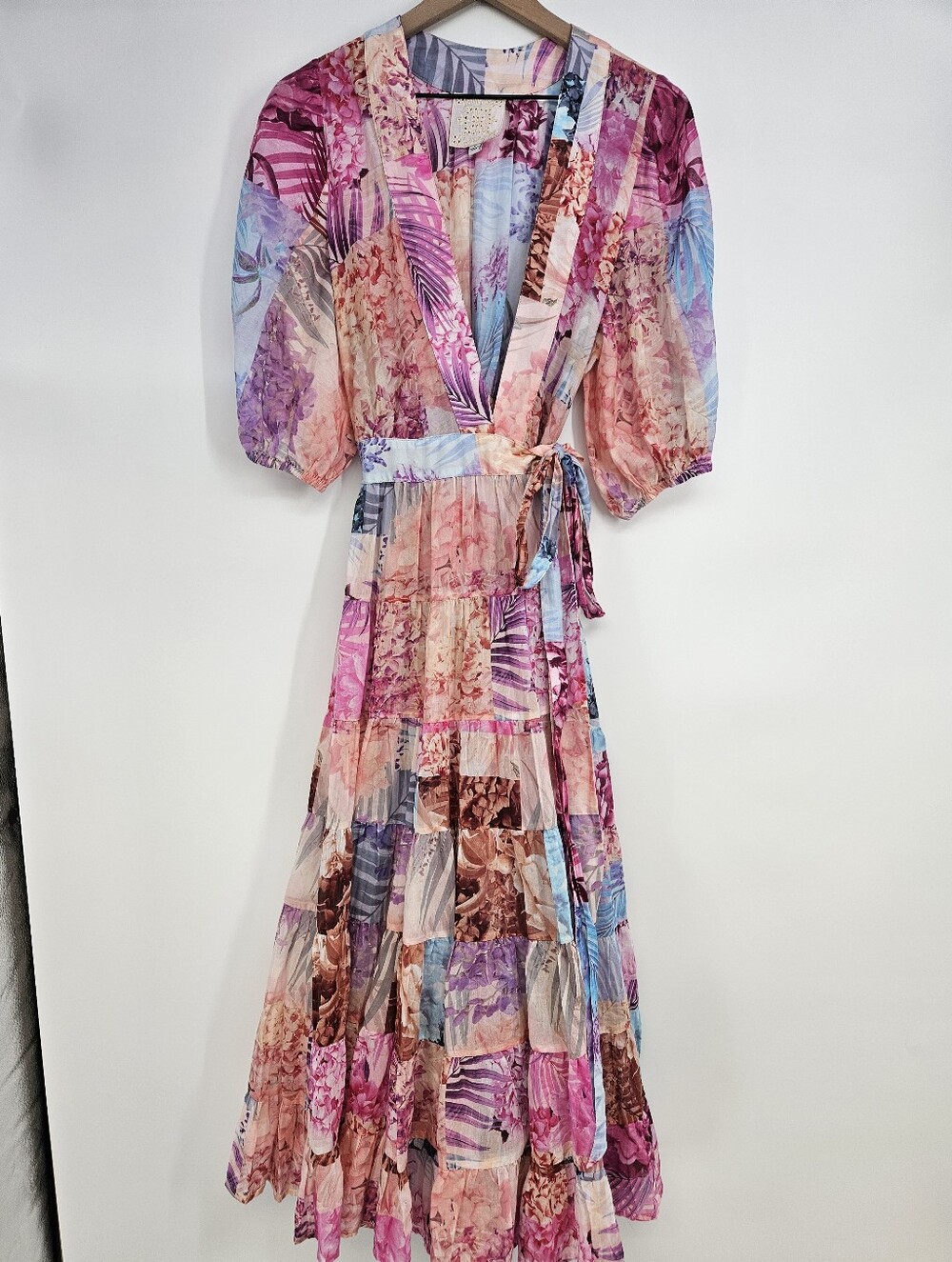 Johnny Was Jade Silk Blend Patchwork Floral Annalise Wrap Midi Dress - Picture 2 of 13